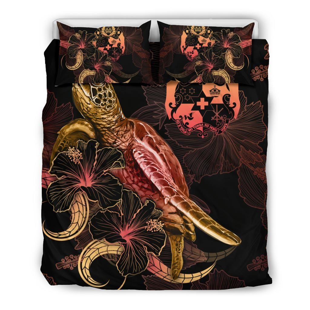 Tonga Polynesian Bedding Set - Turtle With Blooming Hibiscus Gold