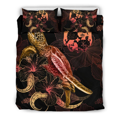 Tonga Polynesian Bedding Set - Turtle With Blooming Hibiscus Gold