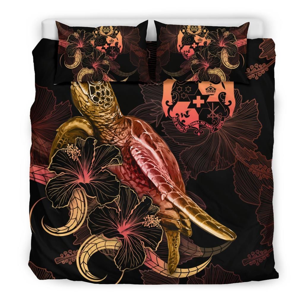 Tonga Polynesian Bedding Set - Turtle With Blooming Hibiscus Gold