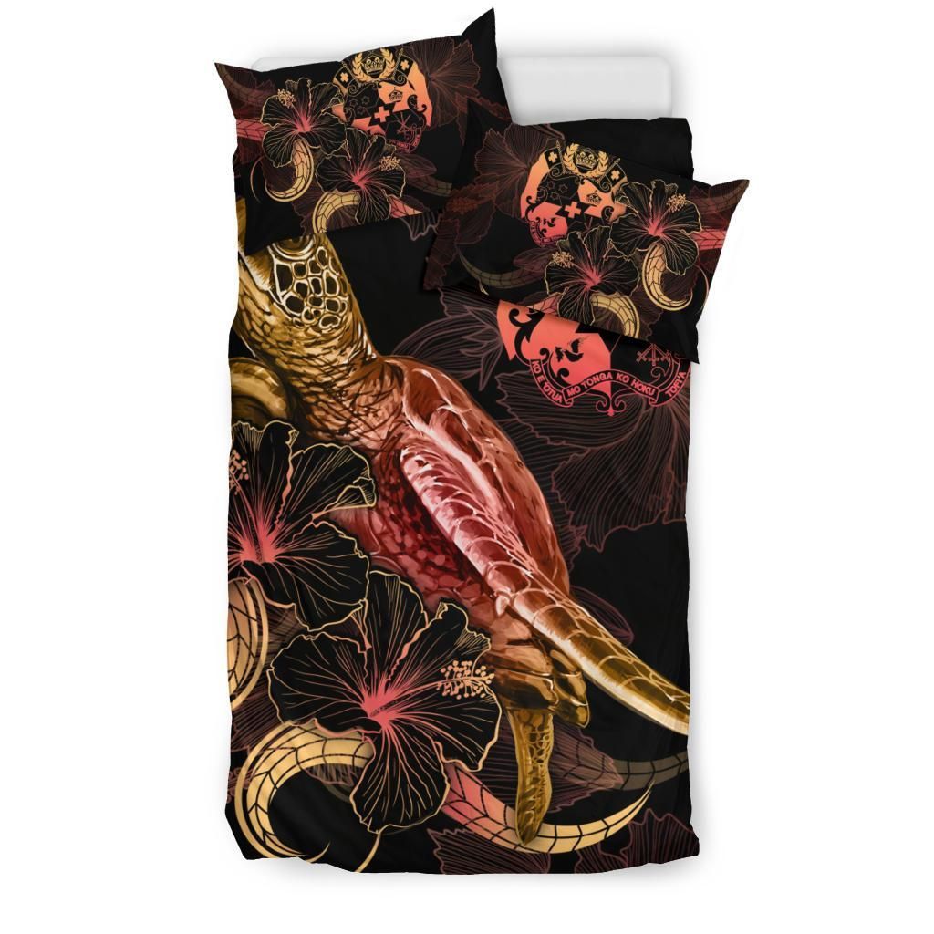 Tonga Polynesian Bedding Set - Turtle With Blooming Hibiscus Gold