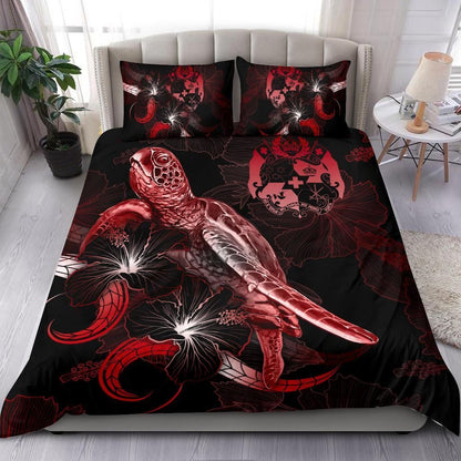 Tonga Polynesian Bedding Set - Turtle With Blooming Hibiscus Red