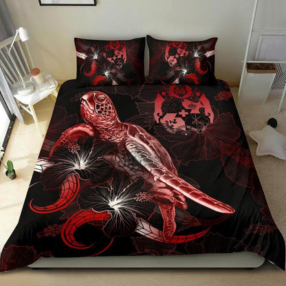 Tonga Polynesian Bedding Set - Turtle With Blooming Hibiscus Red
