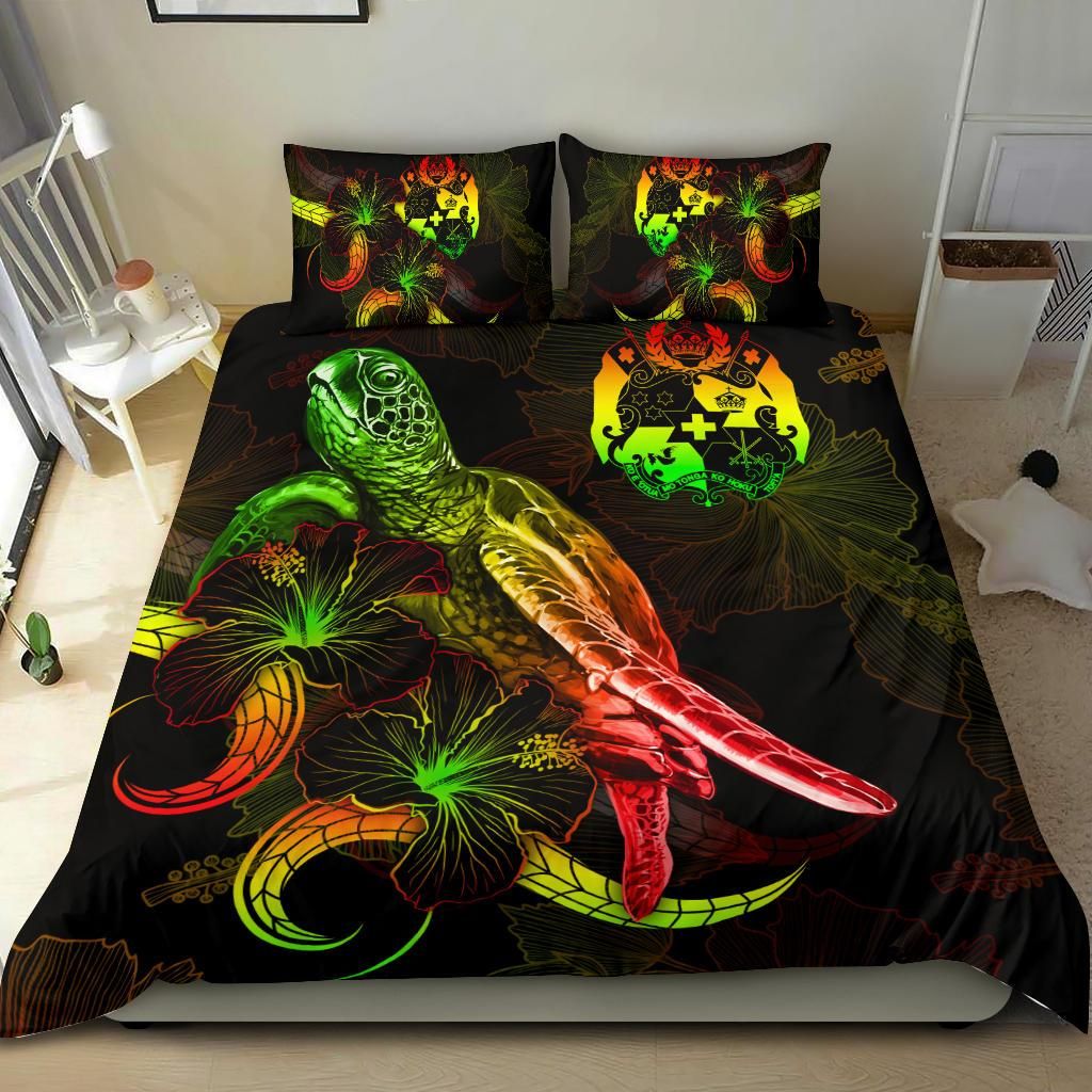 Tonga Polynesian Bedding Set - Turtle With Blooming Hibiscus Reggae