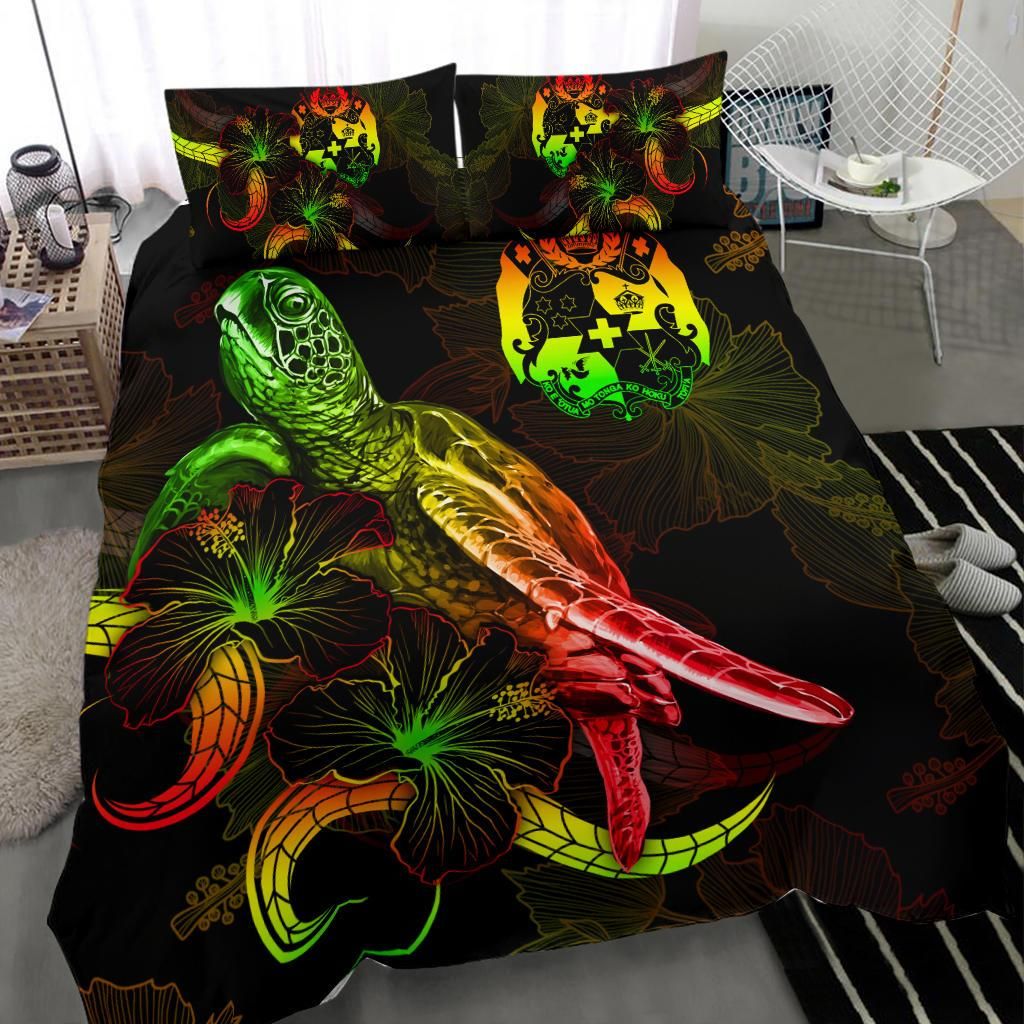 Tonga Polynesian Bedding Set - Turtle With Blooming Hibiscus Reggae