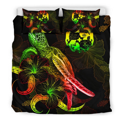 Tonga Polynesian Bedding Set - Turtle With Blooming Hibiscus Reggae