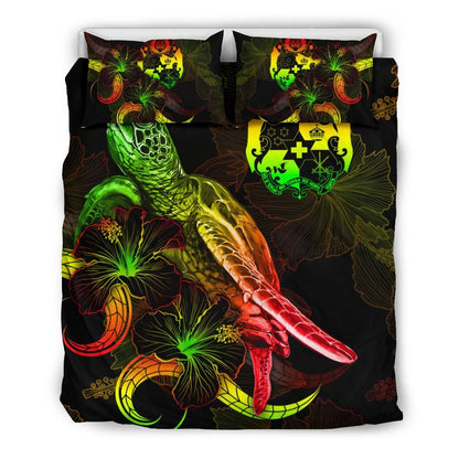 Tonga Polynesian Bedding Set - Turtle With Blooming Hibiscus Reggae