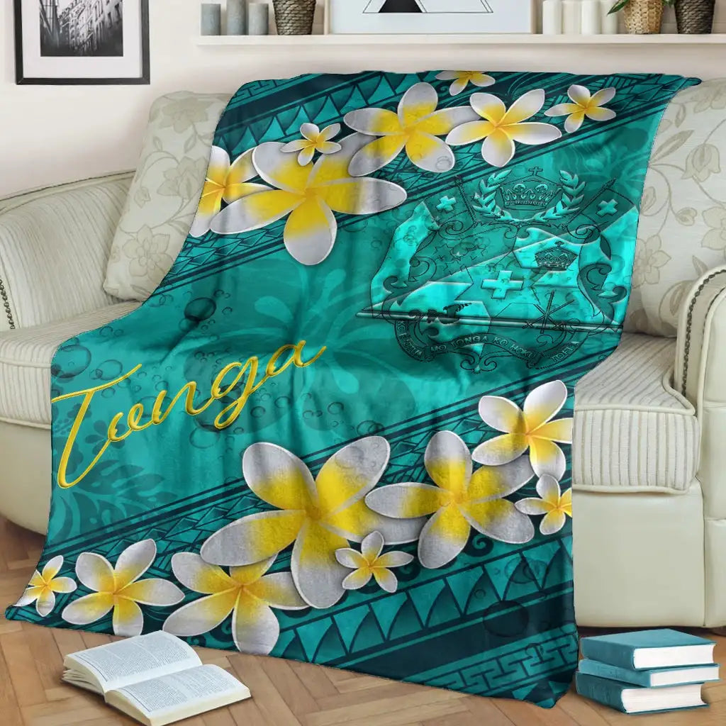 Tonga Polynesian Blanket - Plumeria With Blue Ocean