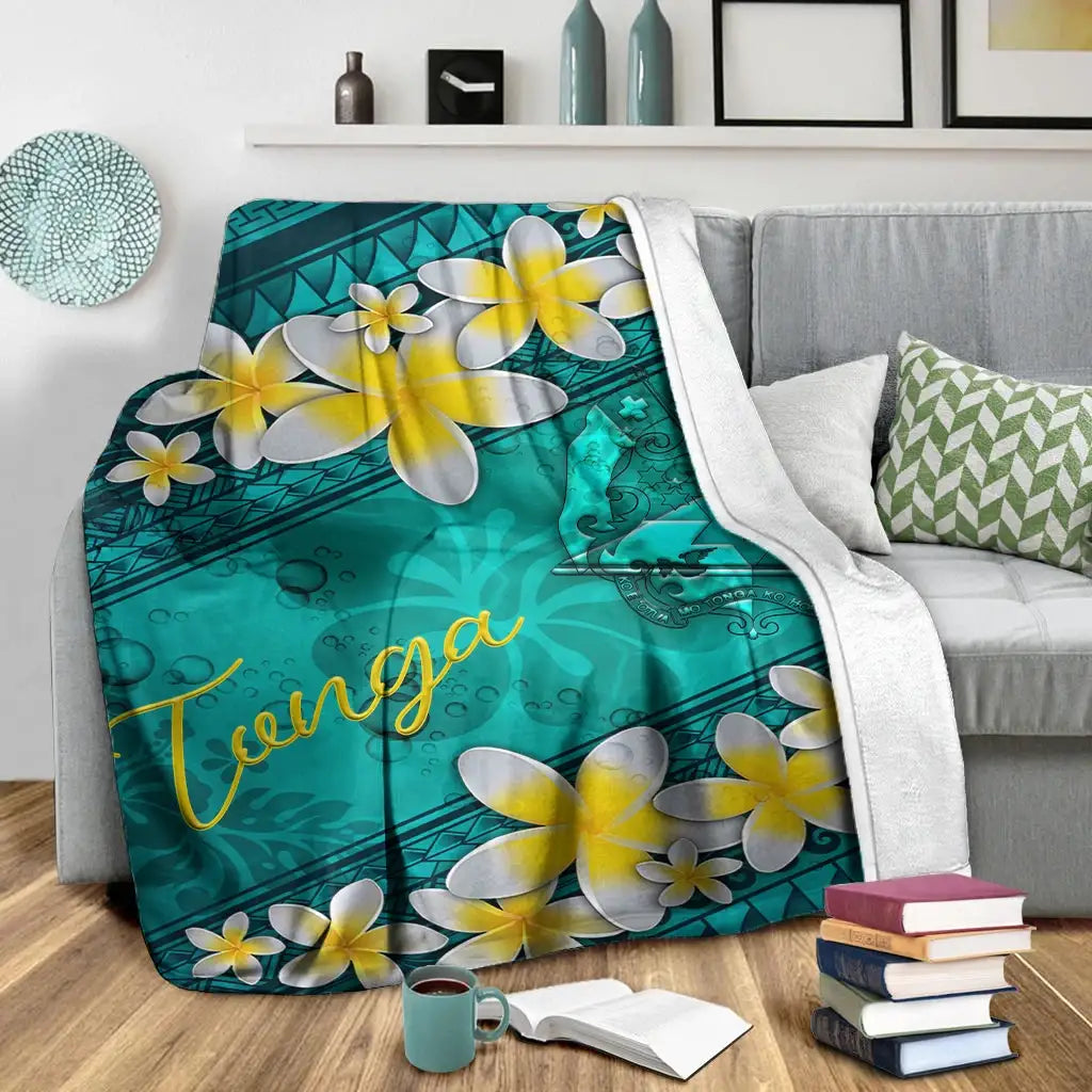 Tonga Polynesian Blanket - Plumeria With Blue Ocean