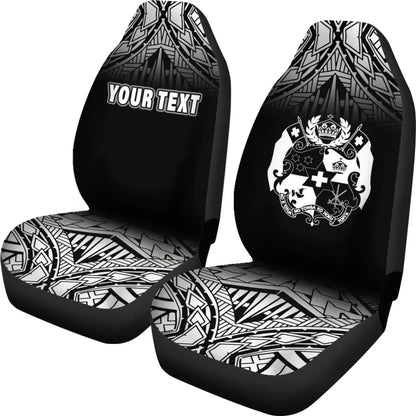 Tonga Custom Personalised Car Seat Covers - Tonga Coat Of Arms Polynesian Tattoo Fog Black