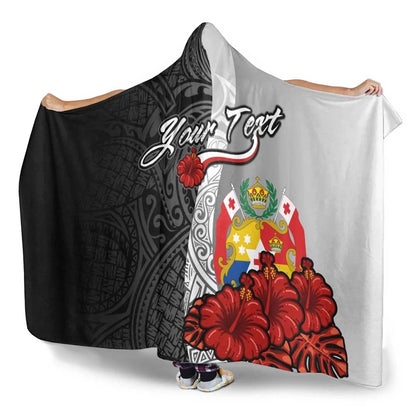 Tonga Polynesian Custom Personalised Hooded Blanket- Coat Of Arm With Hibiscus White