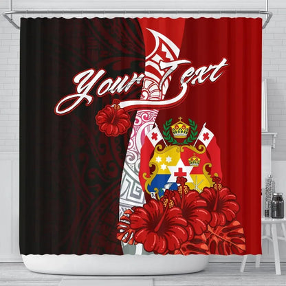 Tonga Polynesian Custom Personalised Shower Curtain - Coat Of Arm With Hibiscus