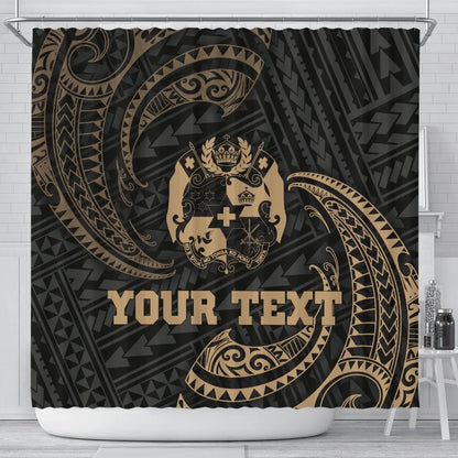 Tonga Polynesian Custom Personalised Shower Curtain - Gold Tribal Wave