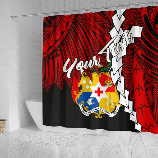 Tonga Polynesian Custom Personalised Shower Curtain - Tribal Wave Tattoo Flag Color