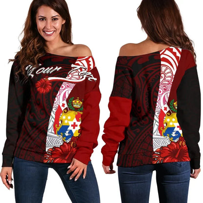 Tonga Polynesian Custom Personalised Women Off Shoulder Sweater - Coat Of Arm With Hibiscus