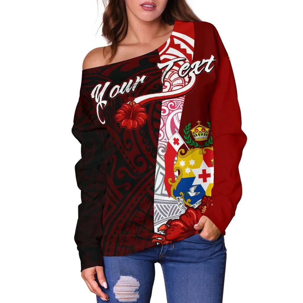Tonga Polynesian Custom Personalised Women Off Shoulder Sweater - Coat Of Arm With Hibiscus