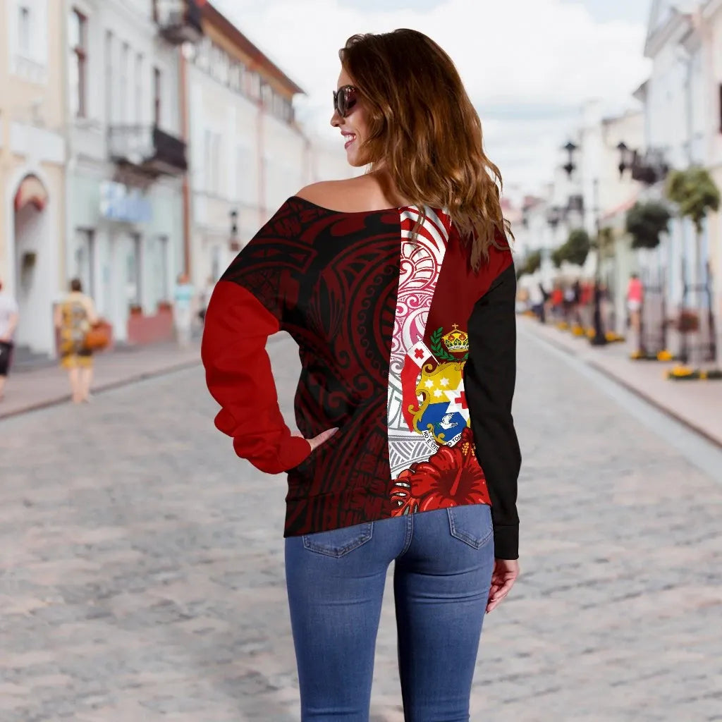 Tonga Polynesian Custom Personalised Women Off Shoulder Sweater - Coat Of Arm With Hibiscus
