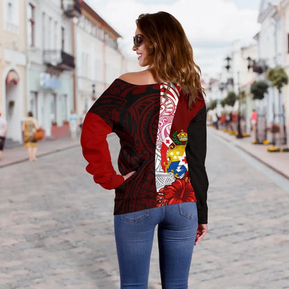 Tonga Polynesian Custom Personalised Women Off Shoulder Sweater - Coat Of Arm With Hibiscus