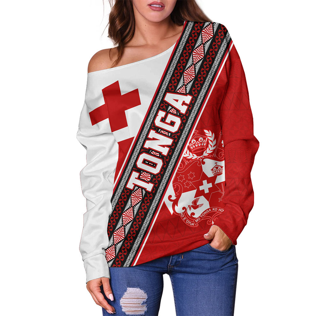 Tonga Off Shoulder Sweatshirt Ngatu Flag And Coat Of Arms