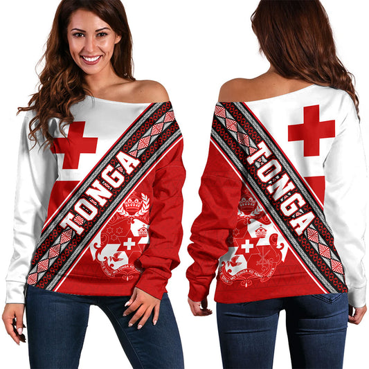 Tonga Off Shoulder Sweatshirt Ngatu Flag And Coat Of Arms
