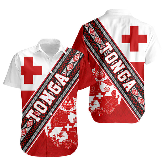 Tonga Short Sleeve Shirt Ngatu Flag And Coat Of Arms