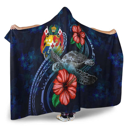 Tonga Polynesian Hooded Blanket - Blue Turtle Hibiscus