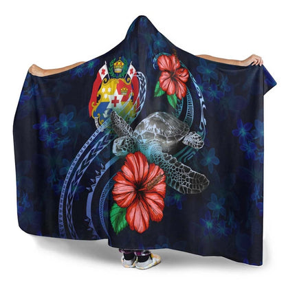 Tonga Polynesian Hooded Blanket - Blue Turtle Hibiscus