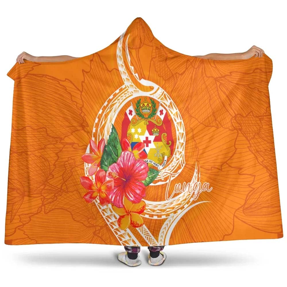 Tonga Polynesian Hooded Blanket - Orange Floral With Seal