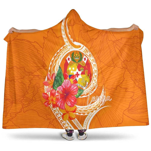 Tonga Polynesian Hooded Blanket - Orange Floral With Seal