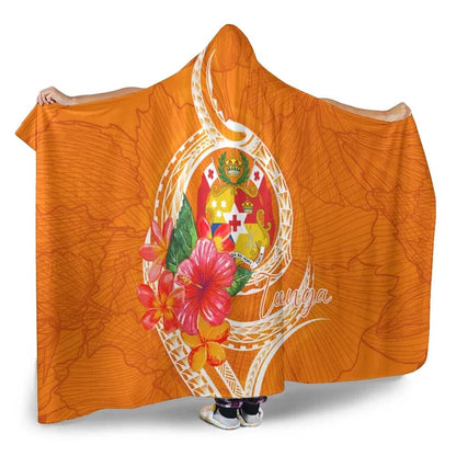 Tonga Polynesian Hooded Blanket - Orange Floral With Seal