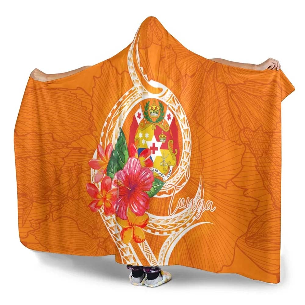 Tonga Polynesian Hooded Blanket - Orange Floral With Seal