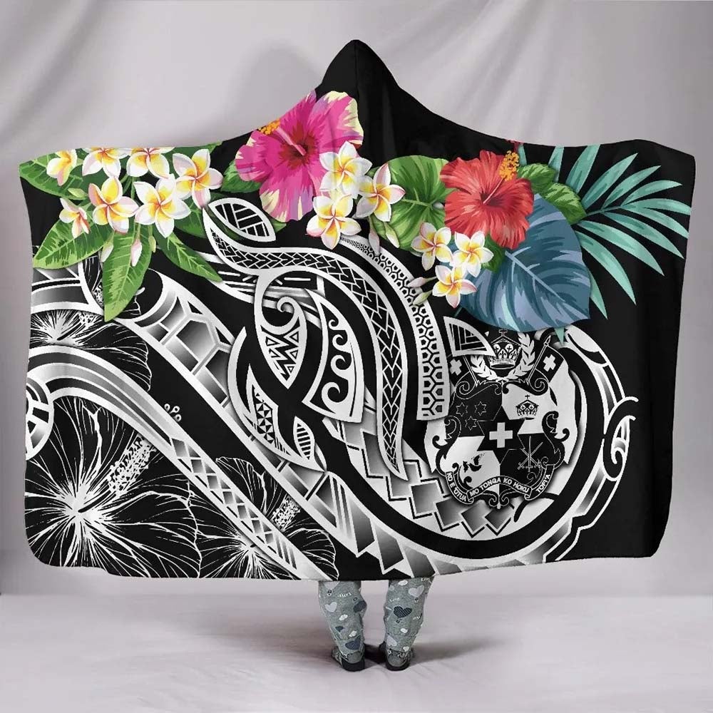Tonga Polynesian Hooded Blanket - Summer Plumeria (Black)