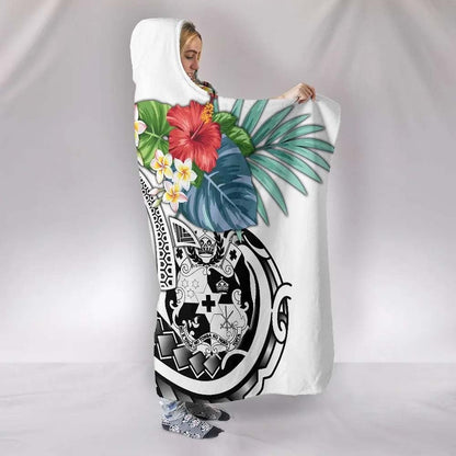 Tonga Polynesian Hooded Blanket - Summer Plumeria (White)