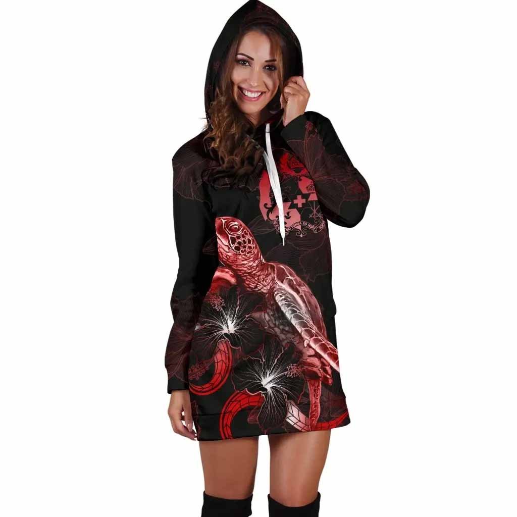 Tonga Polynesian Hoodie Dress - Turtle With Blooming Hibiscus Red