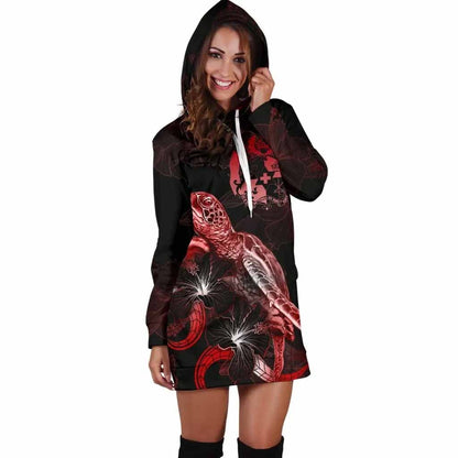 Tonga Polynesian Hoodie Dress - Turtle With Blooming Hibiscus Red