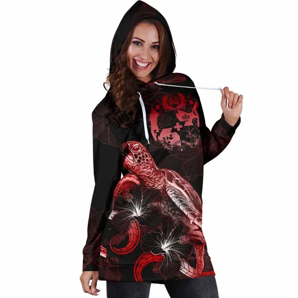 Tonga Polynesian Hoodie Dress - Turtle With Blooming Hibiscus Red