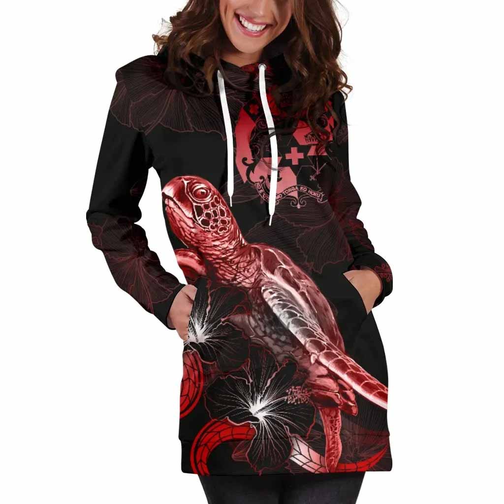 Tonga Polynesian Hoodie Dress - Turtle With Blooming Hibiscus Red