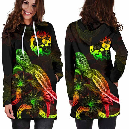 Tonga Polynesian Hoodie Dress - Turtle With Blooming Hibiscus Reggae