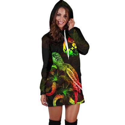 Tonga Polynesian Hoodie Dress - Turtle With Blooming Hibiscus Reggae