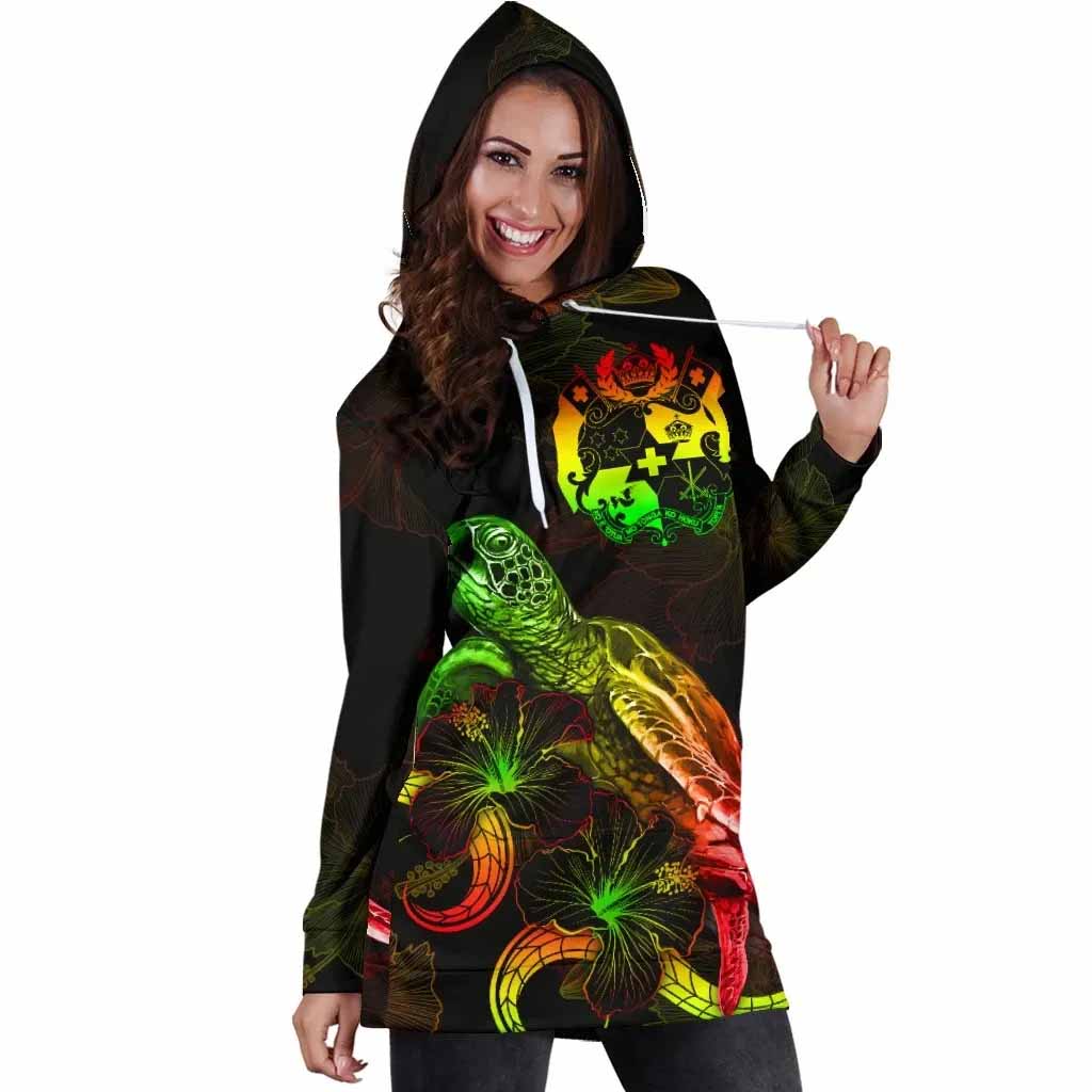 Tonga Polynesian Hoodie Dress - Turtle With Blooming Hibiscus Reggae