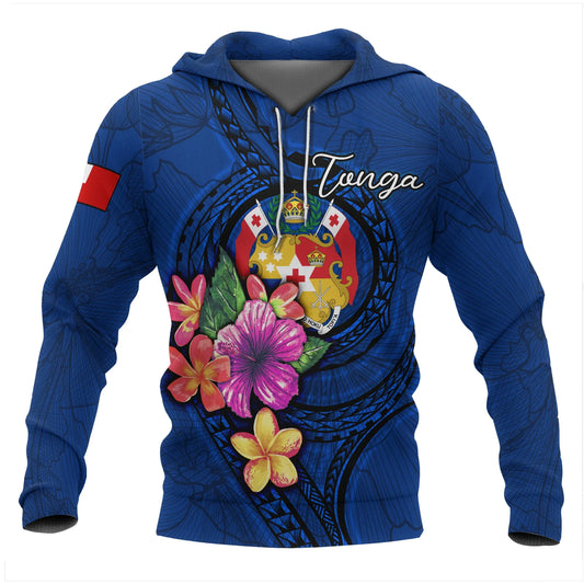 Tonga Polynesian Hoodie - Floral With Seal Blue