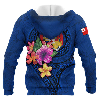 Tonga Polynesian Hoodie - Floral With Seal Blue