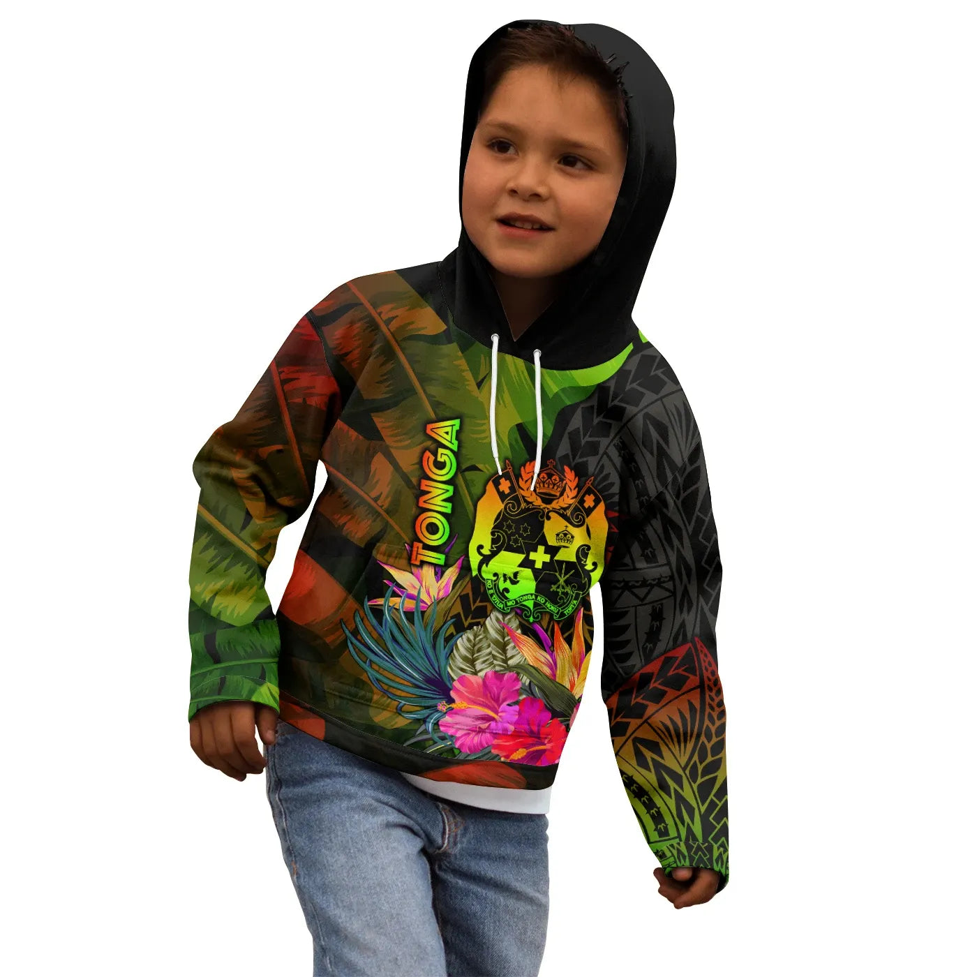 Tonga Polynesian Hoodie -  Hibiscus and Banana Leaves