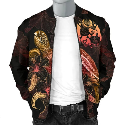 Tonga Polynesian Bomber Jacket - Turtle With Blooming Hibiscus Gold