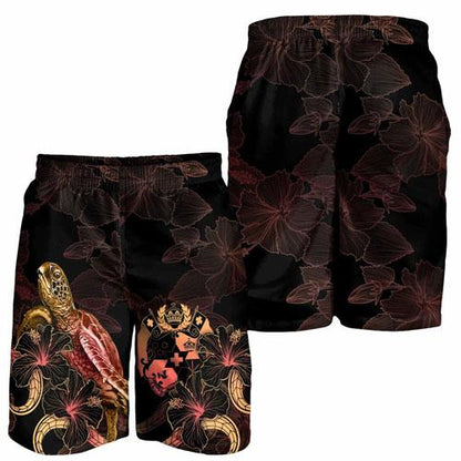 Tonga Polynesian Men Shorts - Turtle With Blooming Hibiscus Gold
