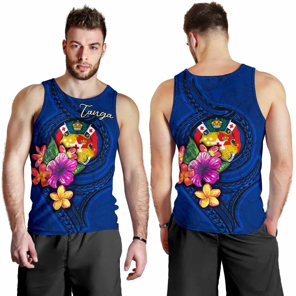 Tonga Polynesian Men Tank Top - Floral With Seal Blue