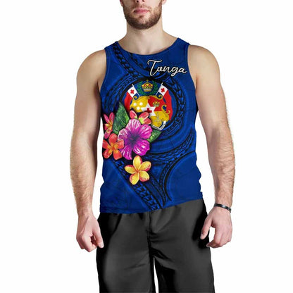 Tonga Polynesian Men Tank Top - Floral With Seal Blue