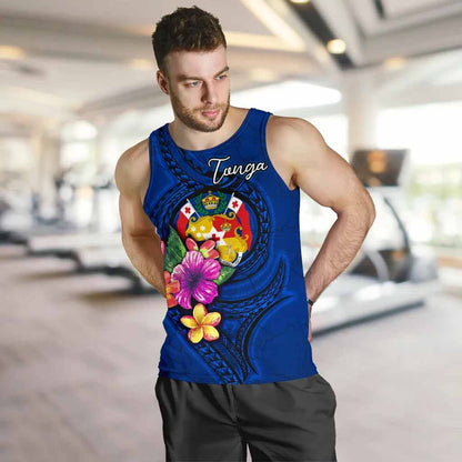 Tonga Polynesian Men Tank Top - Floral With Seal Blue