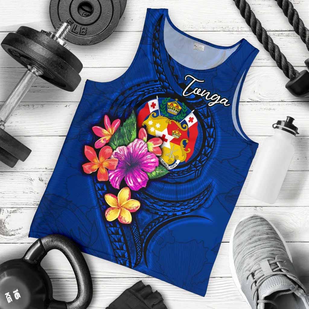 Tonga Polynesian Men Tank Top - Floral With Seal Blue