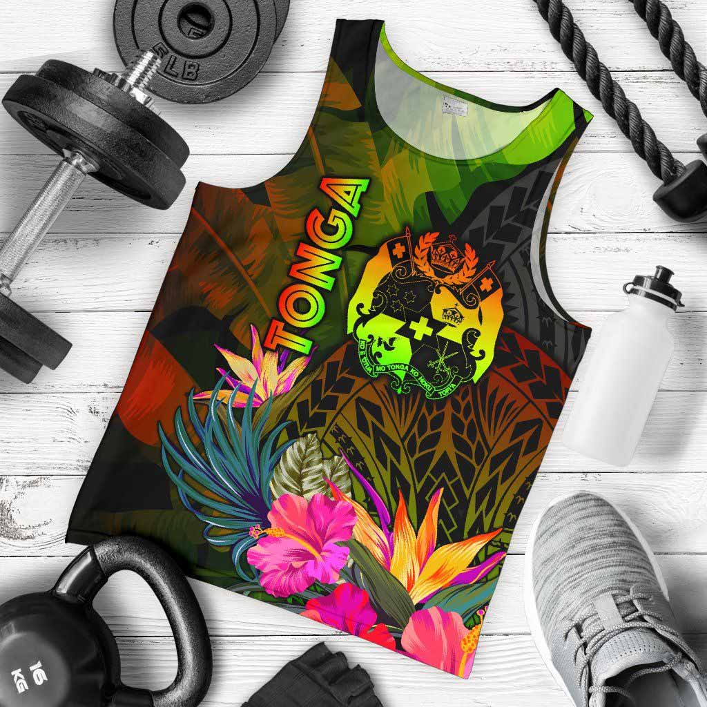 Tonga Polynesian Men Tank Top - Hibiscus and Banana Leaves