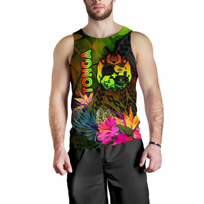 Tonga Polynesian Men Tank Top - Hibiscus and Banana Leaves